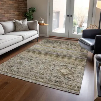 3' X 5' Brown Tan And Black Floral Washable Indoor Outdoor Area Rug
