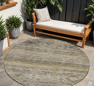 8' Brown Tan And Black Round Floral Washable Indoor Outdoor Area Rug