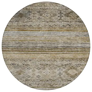 8' Brown Tan And Black Round Floral Washable Indoor Outdoor Area Rug