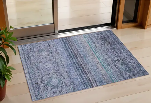 3' X 5' Blue Aqua And Charcoal Floral Washable Indoor Outdoor Area Rug