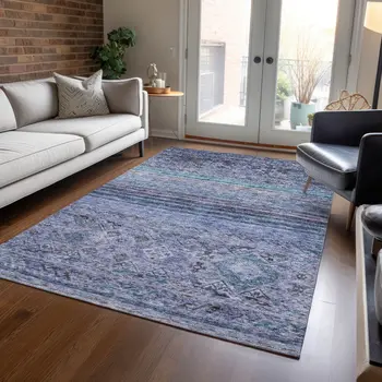 3' X 5' Blue Aqua And Charcoal Floral Washable Indoor Outdoor Area Rug