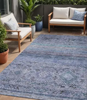 5' X 8' Blue Aqua And Charcoal Floral Washable Indoor Outdoor Area Rug