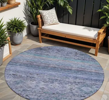 8' Blue Aqua And Charcoal Round Floral Washable Indoor Outdoor Area Rug