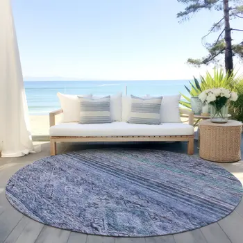 8' Blue Aqua And Charcoal Round Floral Washable Indoor Outdoor Area Rug