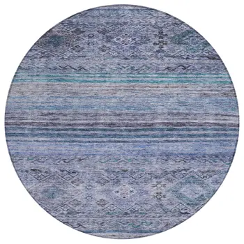 8' Blue Aqua And Charcoal Round Floral Washable Indoor Outdoor Area Rug