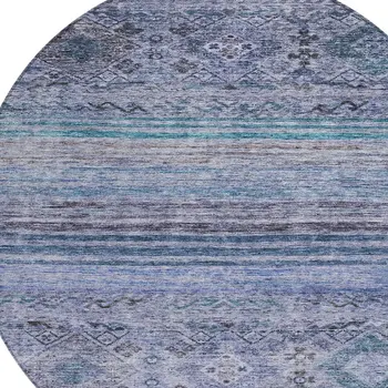 8' Blue Aqua And Charcoal Round Floral Washable Indoor Outdoor Area Rug
