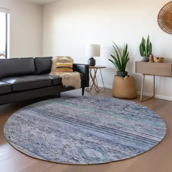 8' Blue Aqua And Charcoal Round Floral Washable Indoor Outdoor Area Rug