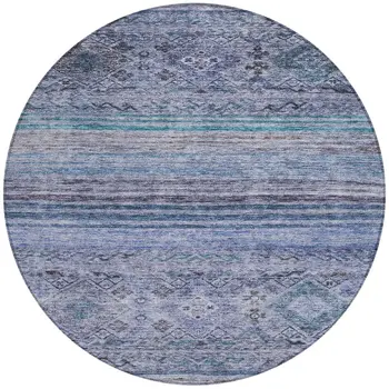 8' Blue Aqua And Charcoal Round Floral Washable Indoor Outdoor Area Rug