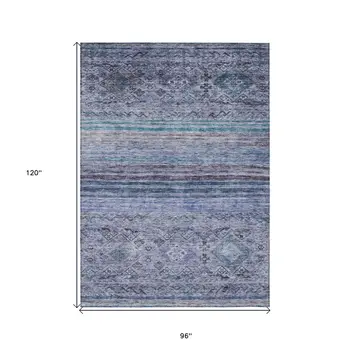 8' X 10' Blue Aqua And Charcoal Floral Washable Indoor Outdoor Area Rug