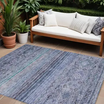 8' X 10' Blue Aqua And Charcoal Floral Washable Indoor Outdoor Area Rug