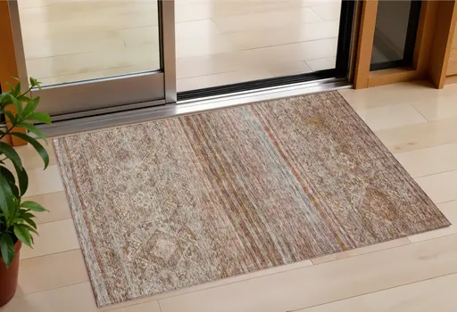 3' X 5' Copper Tan And Beige Floral Washable Indoor Outdoor Area Rug