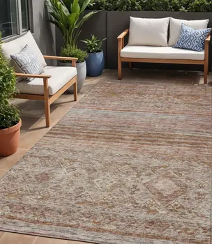 5' X 8' Copper Tan And Beige Floral Washable Indoor Outdoor Area Rug