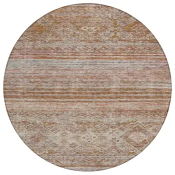 8' Copper Tan And Beige Round Floral Washable Indoor Outdoor Area Rug