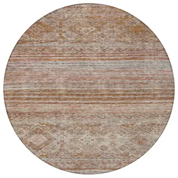 8' Copper Tan And Beige Round Floral Washable Indoor Outdoor Area Rug
