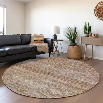 8' Copper Tan And Beige Round Floral Washable Indoor Outdoor Area Rug