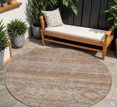 8' Copper Tan And Beige Round Floral Washable Indoor Outdoor Area Rug