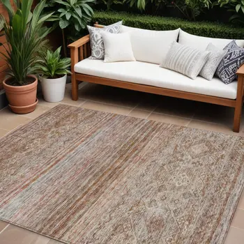 9' X 12' Copper Tan And Beige Floral Washable Indoor Outdoor Area Rug