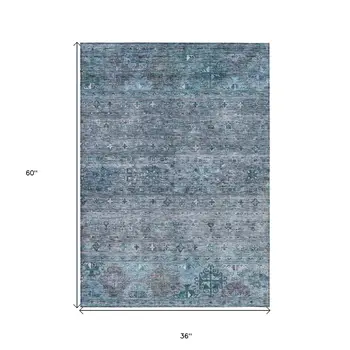 3' X 5' Blue And Gray Floral Washable Indoor Outdoor Area Rug