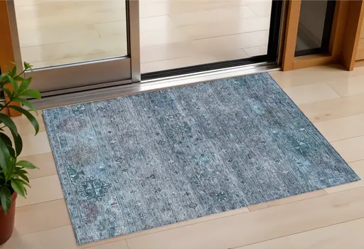 3' X 5' Blue And Gray Floral Washable Indoor Outdoor Area Rug