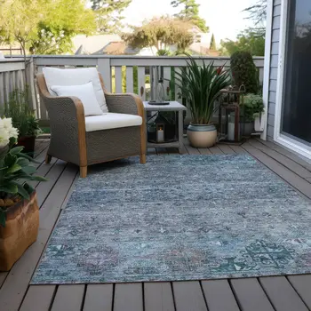 3' X 5' Blue And Gray Floral Washable Indoor Outdoor Area Rug