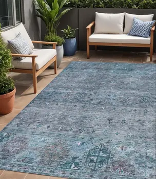 5' X 8' Blue And Gray Floral Washable Indoor Outdoor Area Rug