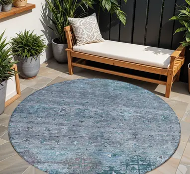 8' Blue And Gray Round Floral Washable Indoor Outdoor Area Rug