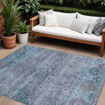 10' X 14' Blue And Gray Floral Washable Indoor Outdoor Area Rug