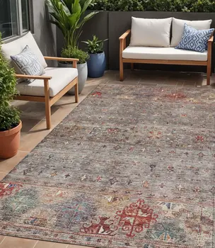 5' X 8' Gray Tan And Terra Cotta Floral Washable Indoor Outdoor Area Rug