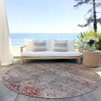 8' Gray Tan And Terra Cotta Round Floral Washable Indoor Outdoor Area Rug