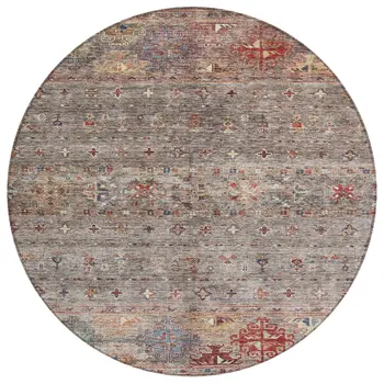 8' Gray Tan And Terra Cotta Round Floral Washable Indoor Outdoor Area Rug