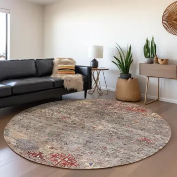 8' Gray Tan And Terra Cotta Round Floral Washable Indoor Outdoor Area Rug