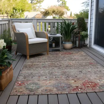 9' X 12' Gray Tan And Terra Cotta Floral Washable Indoor Outdoor Area Rug
