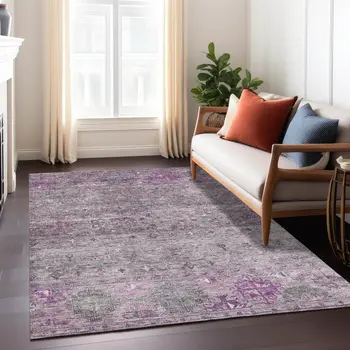 3' X 5' Purple And Gray Floral Washable Indoor Outdoor Area Rug