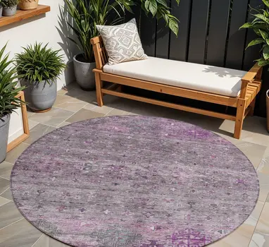 8' Purple And Gray Round Floral Washable Indoor Outdoor Area Rug