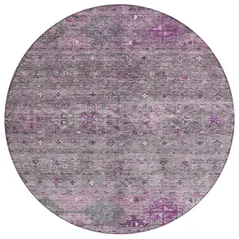 8' Purple And Gray Round Floral Washable Indoor Outdoor Area Rug