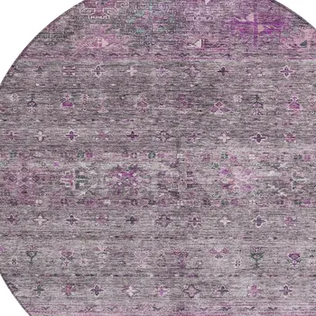 8' Purple And Gray Round Floral Washable Indoor Outdoor Area Rug