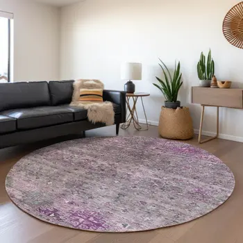8' Purple And Gray Round Floral Washable Indoor Outdoor Area Rug