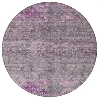 8' Purple And Gray Round Floral Washable Indoor Outdoor Area Rug