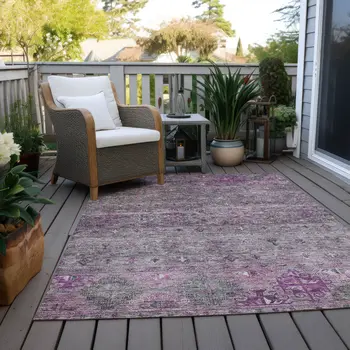 10' X 14' Purple And Gray Floral Washable Indoor Outdoor Area Rug