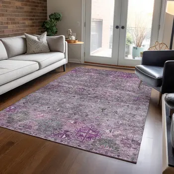 10' X 14' Purple And Gray Floral Washable Indoor Outdoor Area Rug