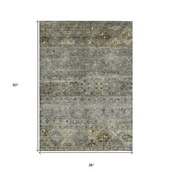3' X 5' Pewter And Gray Floral Washable Indoor Outdoor Area Rug