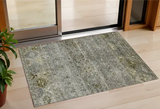 3' X 5' Pewter And Gray Floral Washable Indoor Outdoor Area Rug