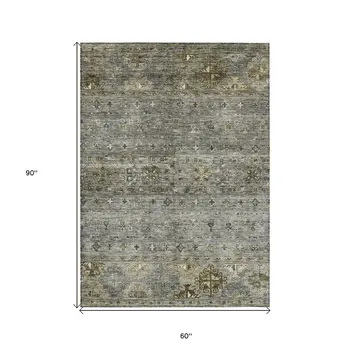 5' X 8' Pewter And Gray Floral Washable Indoor Outdoor Area Rug