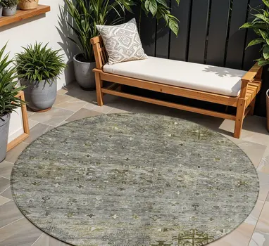 8' Pewter And Gray Round Floral Washable Indoor Outdoor Area Rug