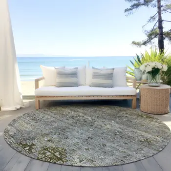 8' Pewter And Gray Round Floral Washable Indoor Outdoor Area Rug