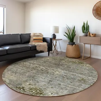 8' Pewter And Gray Round Floral Washable Indoor Outdoor Area Rug