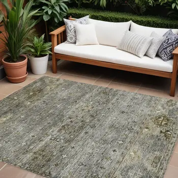 8' X 10' Pewter And Gray Floral Washable Indoor Outdoor Area Rug