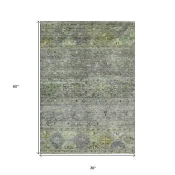 3' X 5' Sage And Gray Floral Washable Indoor Outdoor Area Rug