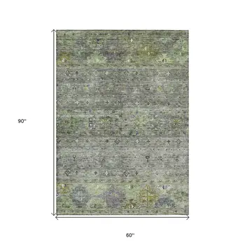5' X 8' Sage And Gray Floral Washable Indoor Outdoor Area Rug