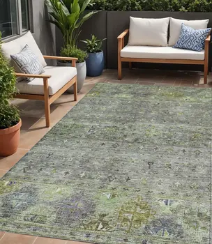 5' X 8' Sage And Gray Floral Washable Indoor Outdoor Area Rug
